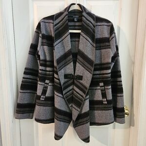 Paraphrase Womens Wool Blend Cardigan Blanket Stripe Jacket Gray & Black Medium